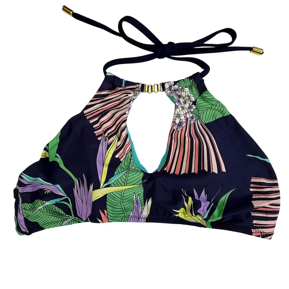 Trina Turk Tropical Floral Halter Bikini Set Navy Botanical Gold Hardware US 8 - Picture 9 of 14
